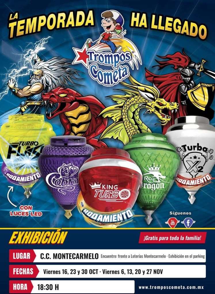 Cartel de las exhibiciones de peonzas Trompos Cometa en el Centro Comercial Montecarmelo en octubre y noviembre de 2026