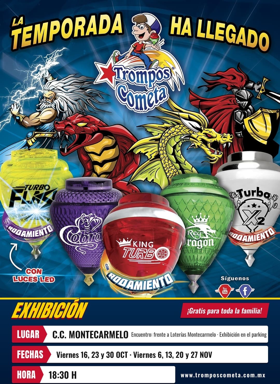 Cartel de las exhibiciones de peonzas Trompos Cometa en el Centro Comercial Montecarmelo en octubre y noviembre de 2026